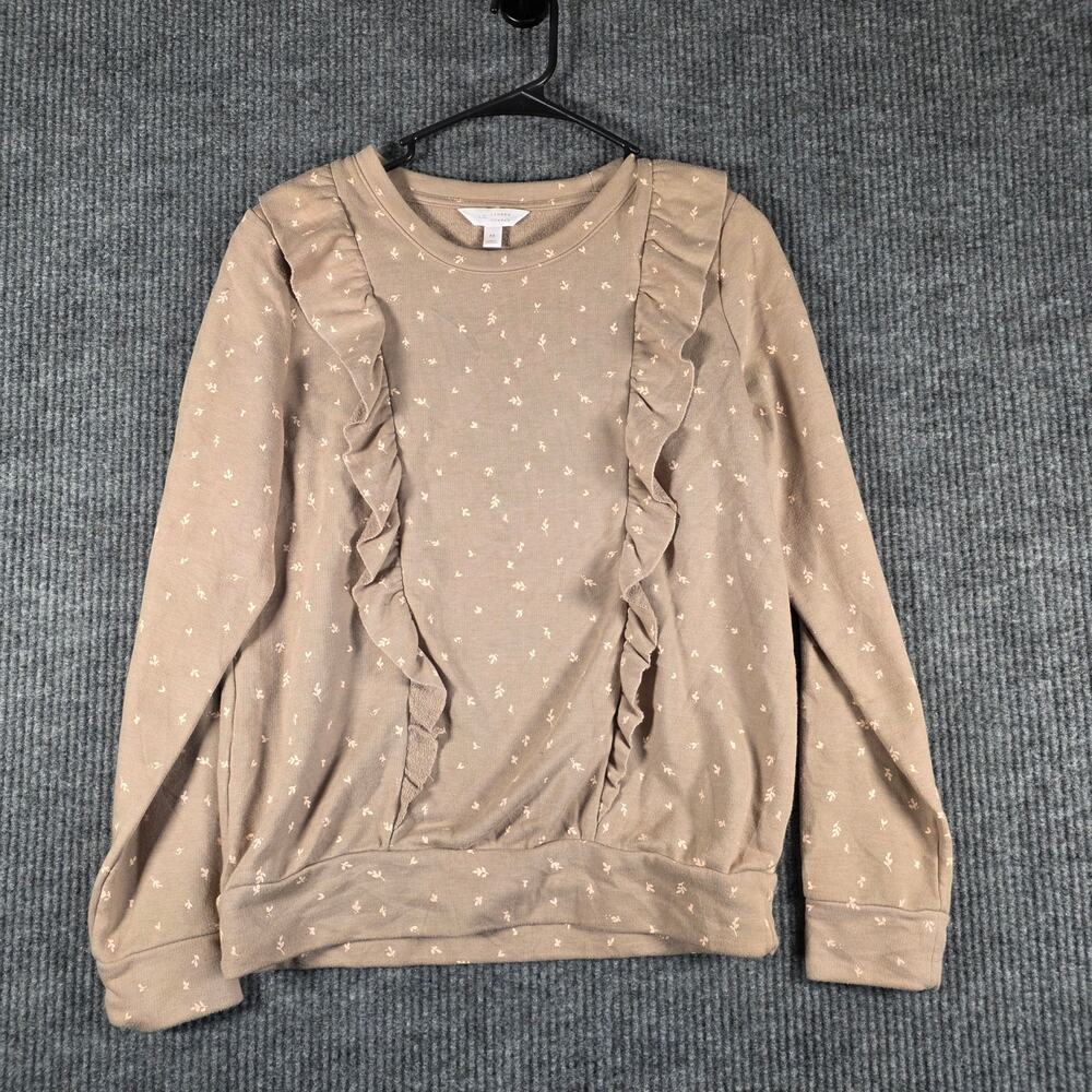 LC Lauren Conrad Ruffle Sweatshirt Floral Print Pullover Taupe M